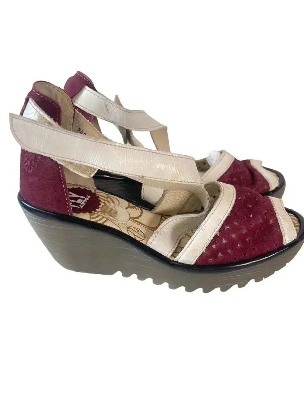 Fly London Ynes Leather Wedge Sandals Perforated Ankle Strap Comfort EU 37